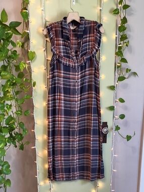 Women's Universal Threads Rust Navy Plaid Flannel Sleeveless Dress L
